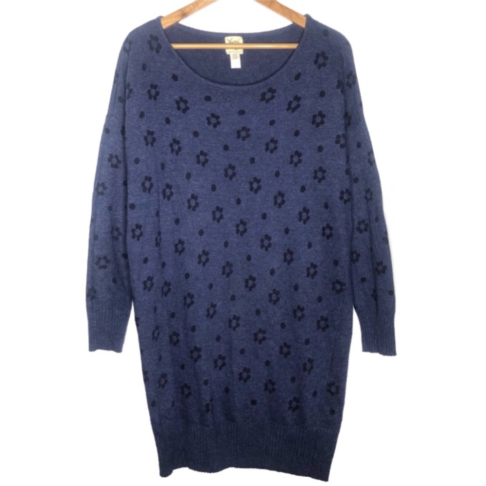 Yumi Wool Blend Blue Floral Knit Pullover Tunic Sweater 10